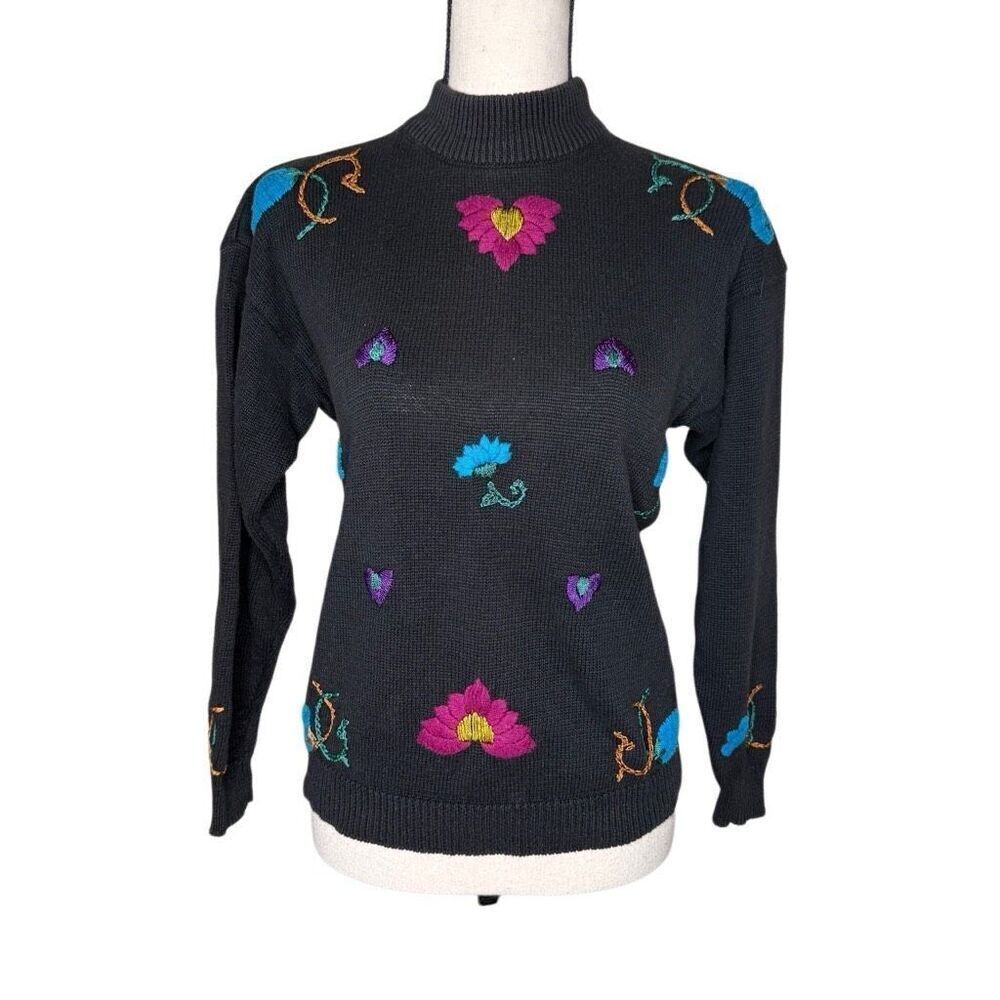 Vintage American Weekend Black Cotton Embroidered Swtr Sz S Vintage, Artsy